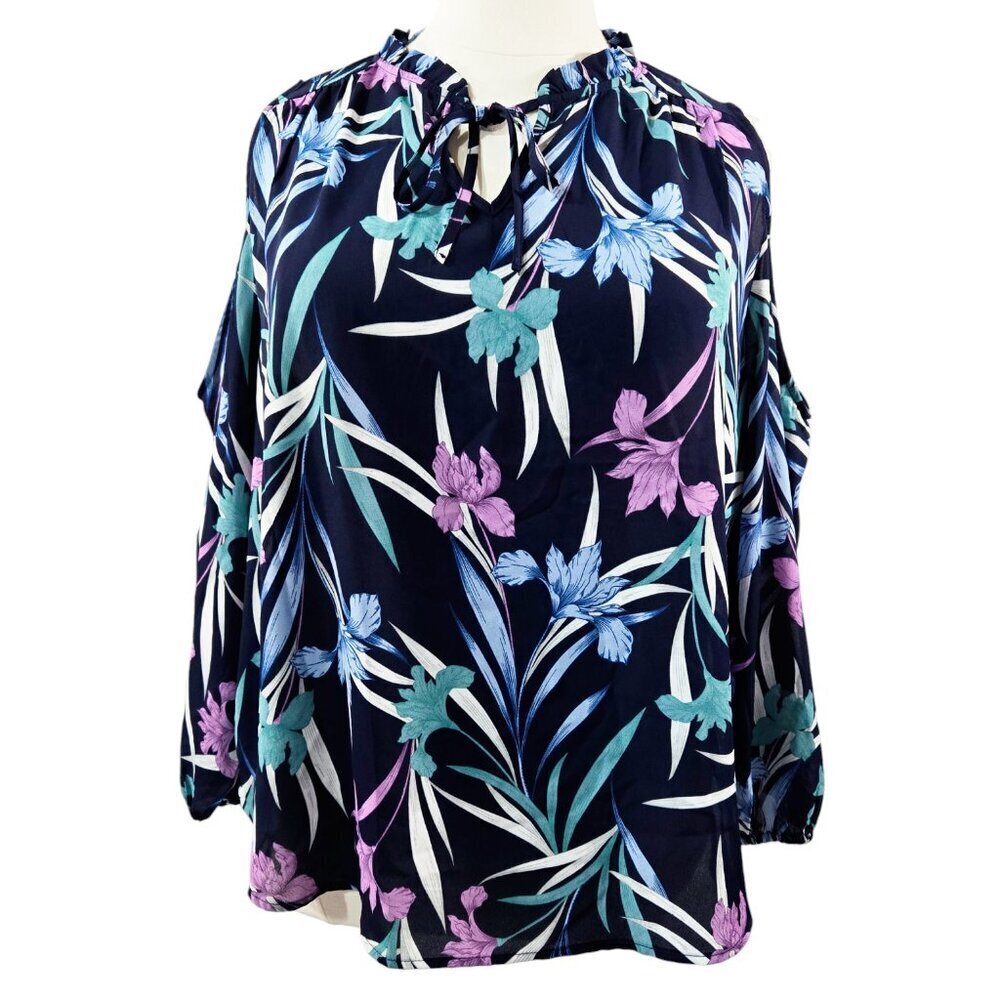 Cooper & Ella NWT Navy Blue Floral Cold Shoulder Blouse Bloomcore Date Night